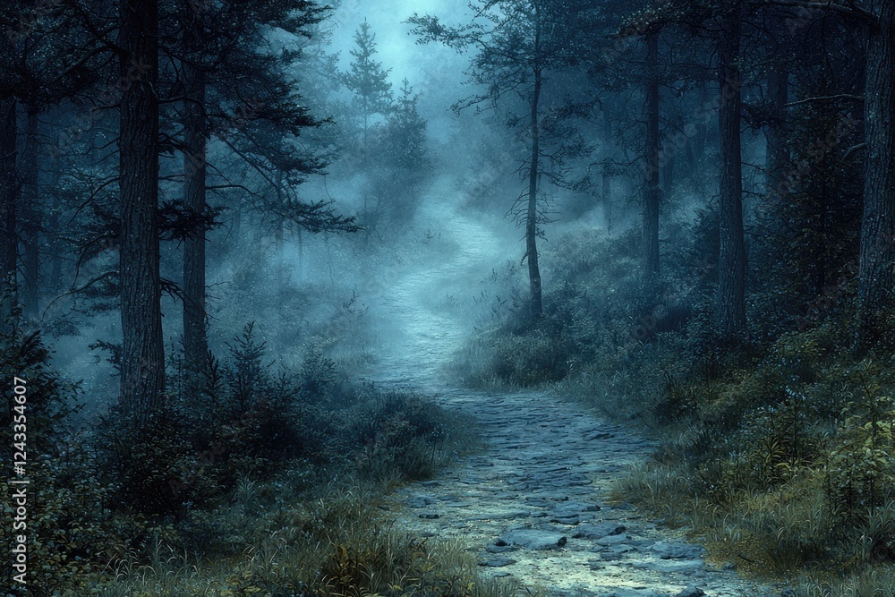 Obraz premium Misty Forest Path Winding Through Ancient Trees