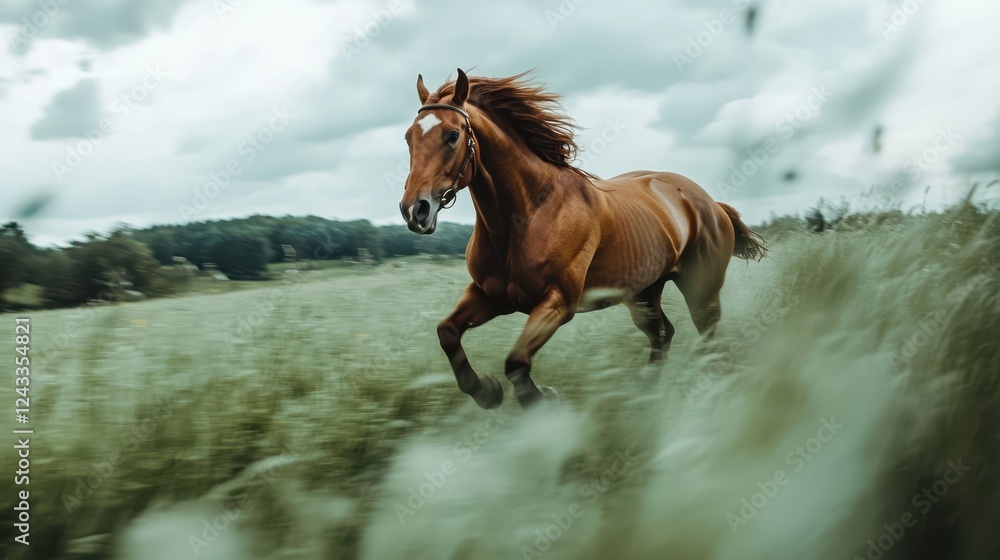 Obraz premium A majestic horse gallops through a vibrant field of tall grass, showcasing its strength and grace in a natural, serene environment.