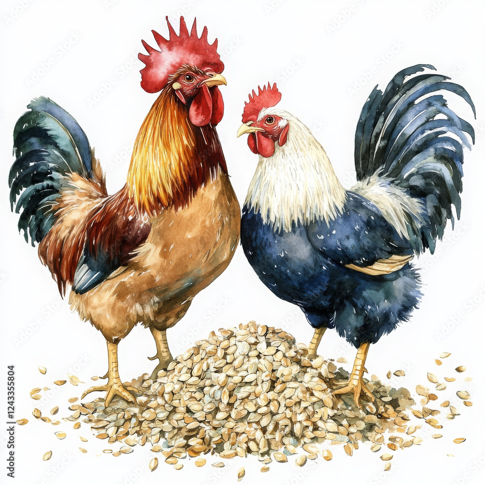Fototapeta premium Two roosters stand proudly near pile of seeds, watercolor illustration