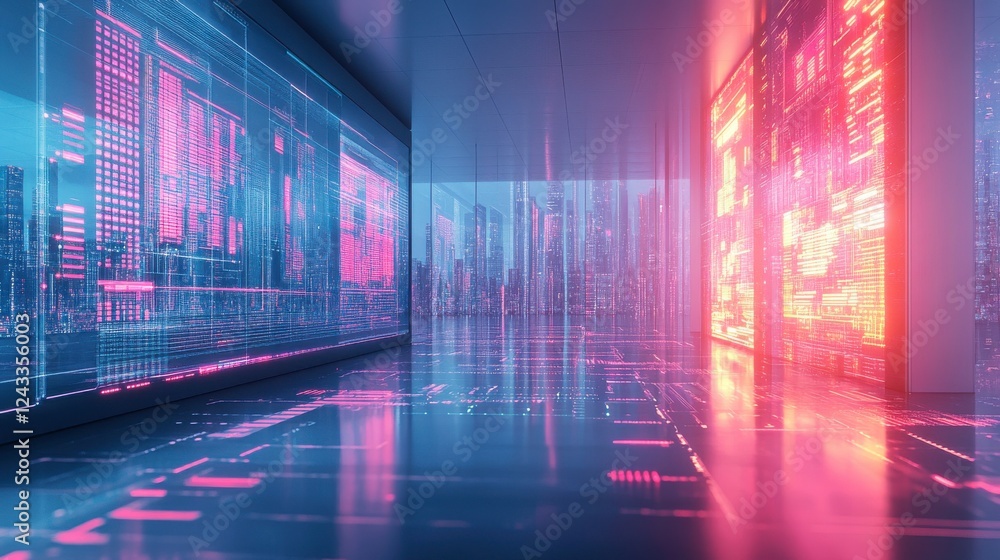 A futuristic hallway with glowing digital screens displaying data in vibrant pink and blue hues, creating a high-tech ambiance. A futuristic hallway with glowing digital screens displaying data in vibrant pink and blue hues, creating a high-tech ambiance.