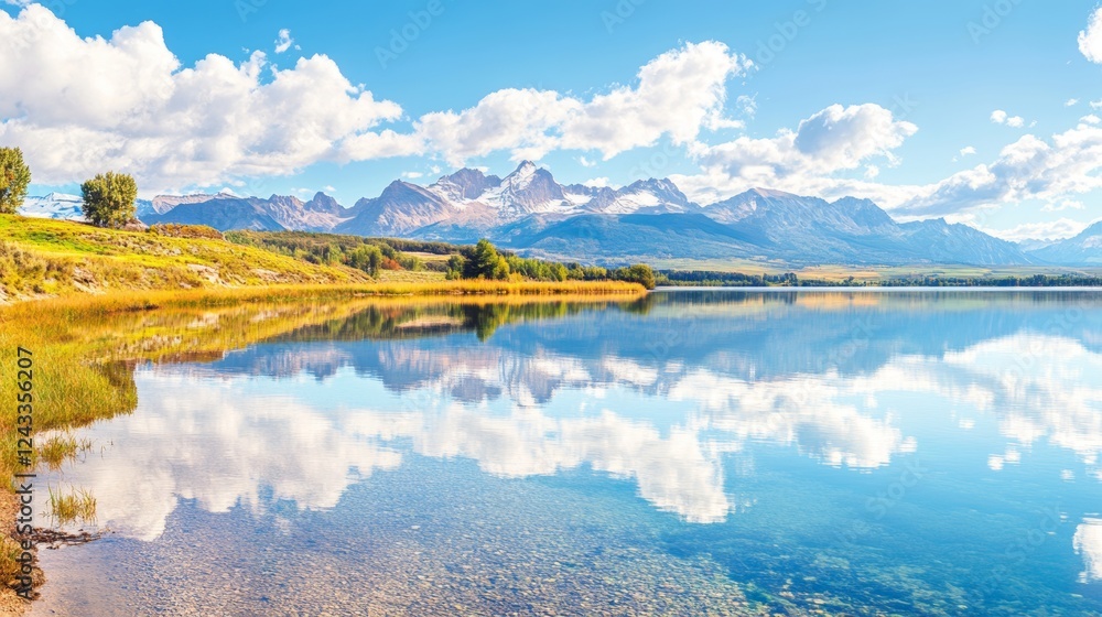 Obraz premium Beautiful landscape of a summer lake. Green lake shore with clear water and reflections against the backdrop of beautiful mountains. Vector illustration of a fishing lake. Panoramic landscape. 