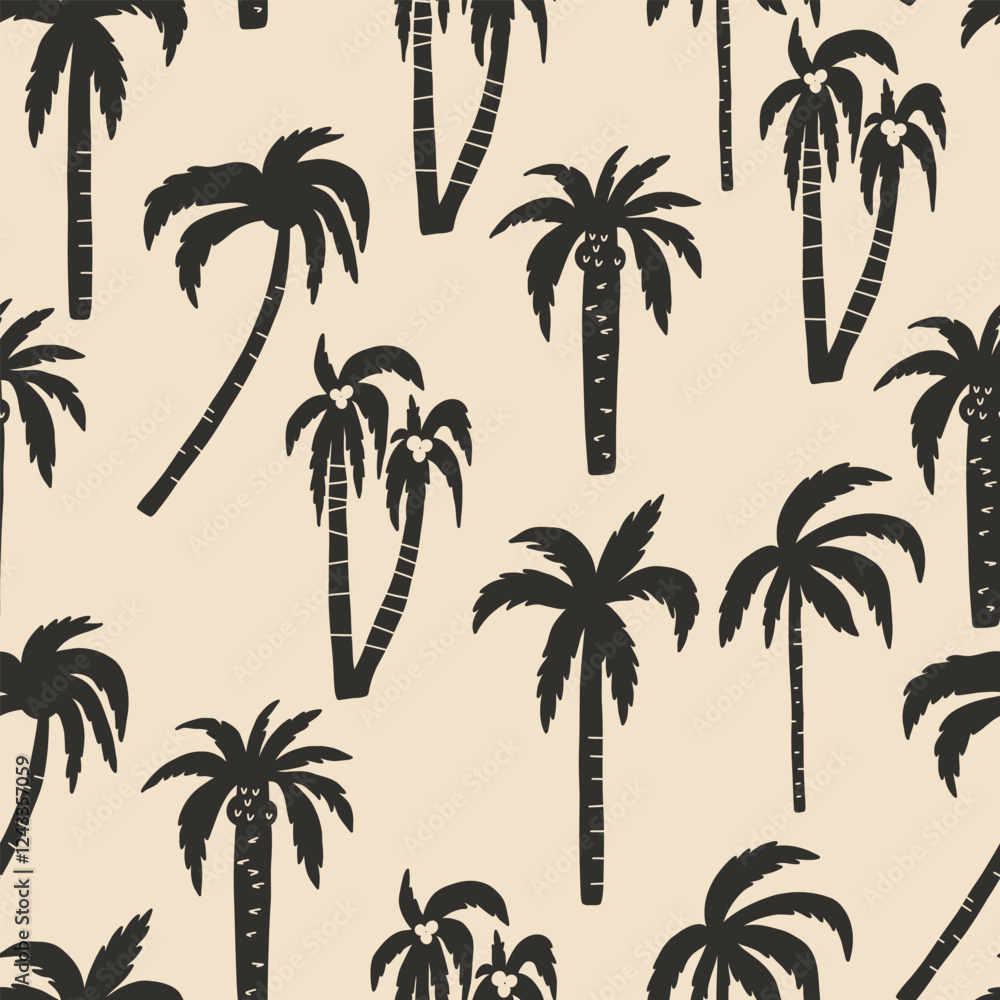 Fototapeta premium Palm Tree Silhouette Seamless Pattern. Tropic Summer Background. Coconut Plant Wallpaper Vector Background