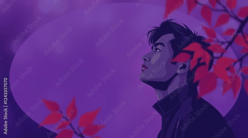 Minimalist illustration, deep ultraviolet hues, blurred bokeh effect, peaceful portrait of man in breeze, autumn leaves, vintage oval background, sharp subject focus, vivid purples, high contrast Minimalist illustration, deep ultraviolet hues, blurred bokeh effect, peaceful portrait of man in breeze, autumn leaves, vintage oval background, sharp subject focus, vivid purples, high contrast