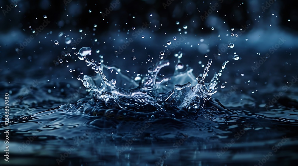 A clean splash of mineral water against a dark navy blue backdrop. A clean splash of mineral water against a dark navy blue backdrop.