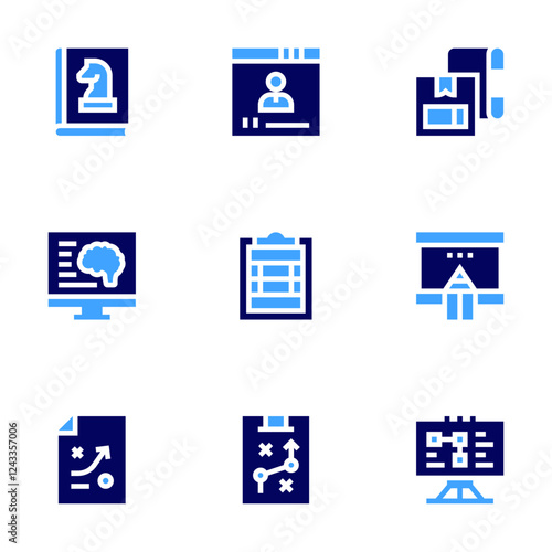 Strategy icon set. Bold style. Duotone colors. strategy, neuromarketing, productionstrategies, whiteboard, videoconference