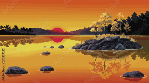 Autumn Lake Sunset with Trees and Rocks