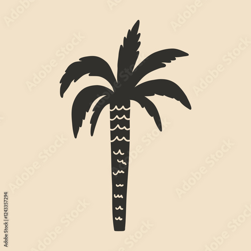 Single Palm Tree Coconut Naive Silhouette. Tropical Jungle Coco Plant. Vector Minimalist Illustration
