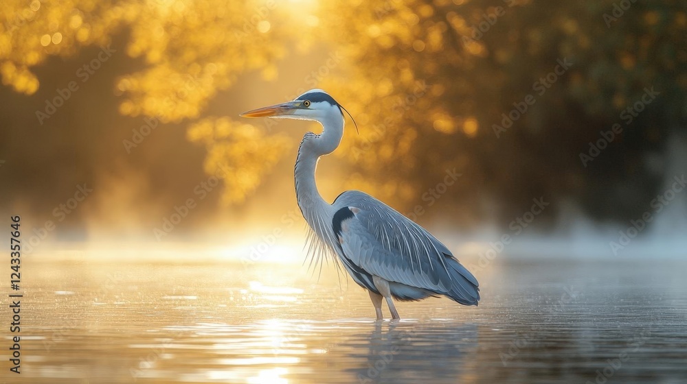 Naklejka premium Grey Heron at Sunrise in Misty Water