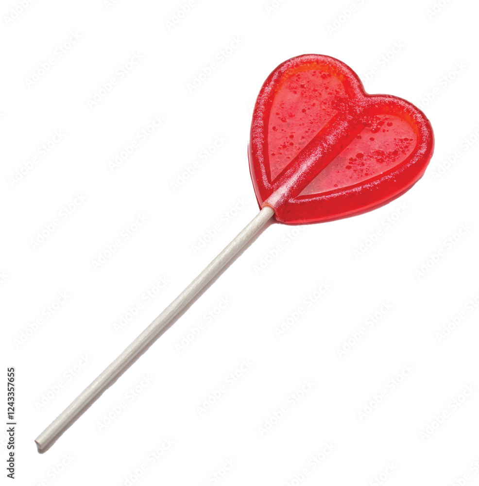 A red heart-shaped lollipop with a metallic silver stick. A red heart-shaped lollipop with a metallic silver stick.