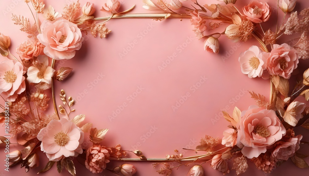 Obraz premium A pastel pink background with a delicate rose gold flower frame surrounding a blank space.