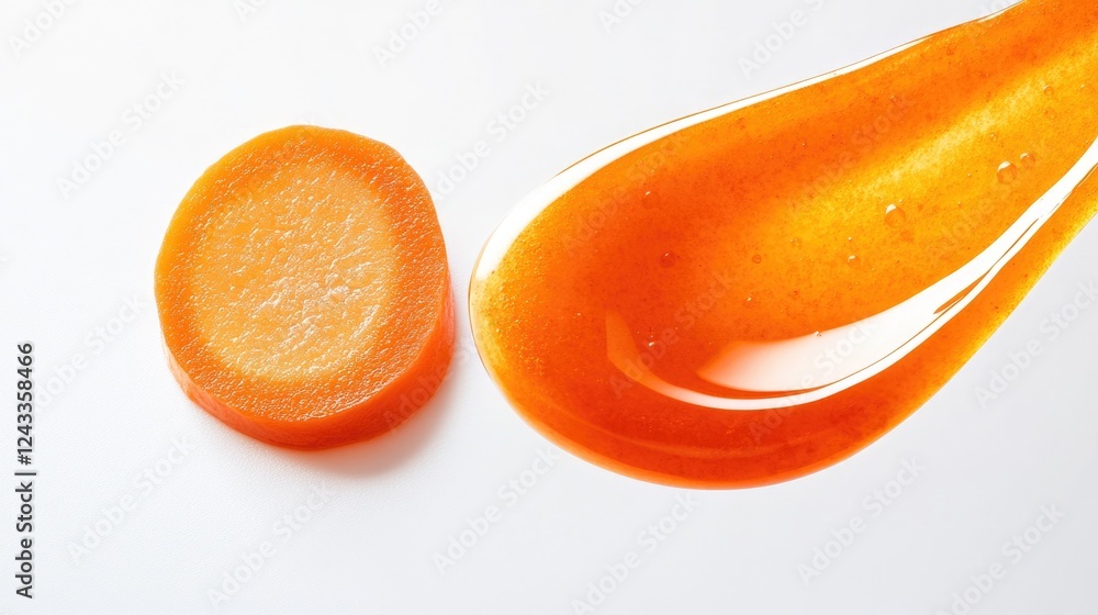 Orange carrot slice and juice on white background capturing freshness and vibrancy. Natural food dyes Orange carrot slice and juice on white background capturing freshness and vibrancy. Natural food dyes