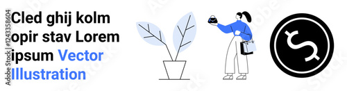 Woman nurturing plant with watering can, symbolizing growth and success, alongside business financial icon. Ideal for sustainability, finance, investment, teamwork, business growth, eco-friendly
