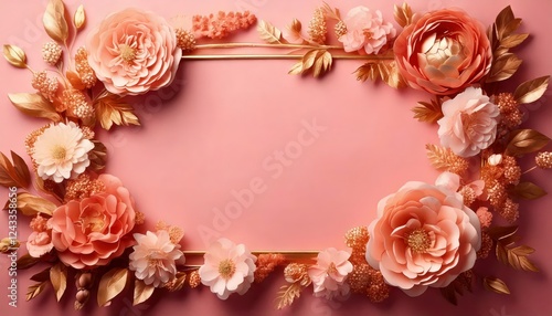 A pastel pink background with a delicate rose gold flower frame surrounding a blank space.