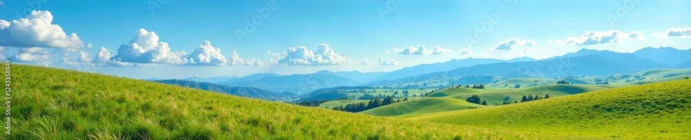Fototapeta premium Rolling hills with distant mountains under a brilliant blue sky, open spaces, vast, mountains