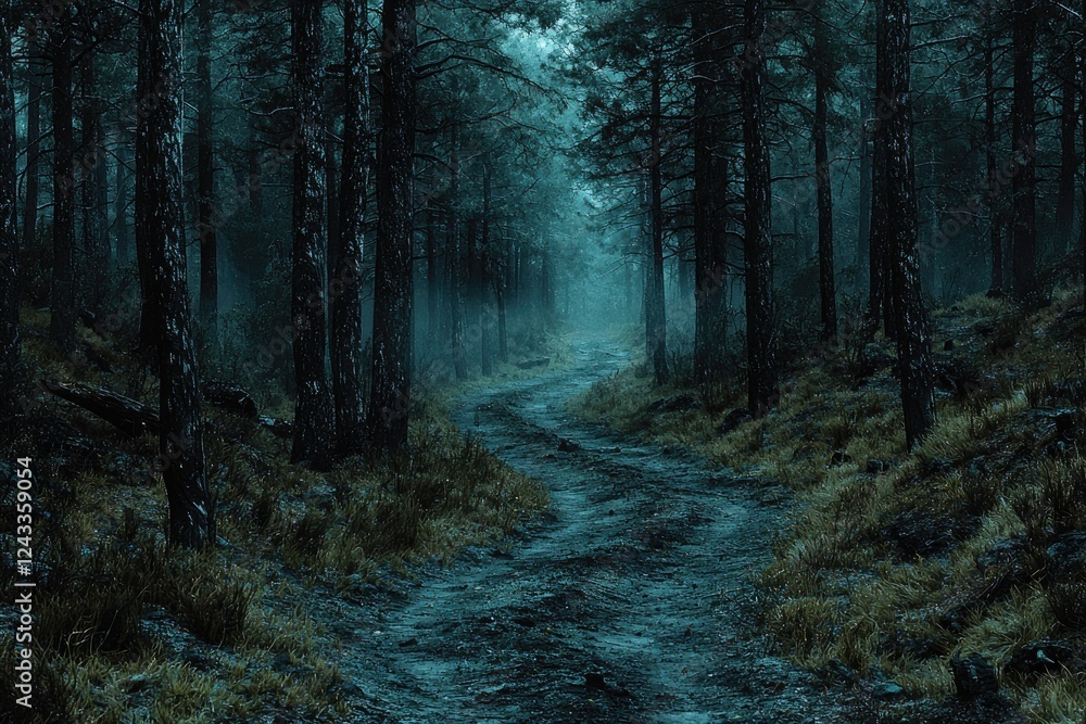 Obraz premium A misty forest path winds through tall dark trees