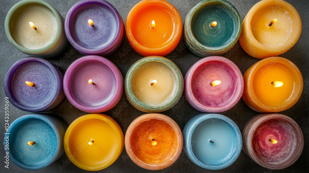Fototapeta premium Top view of colorful candles arranged in rows.