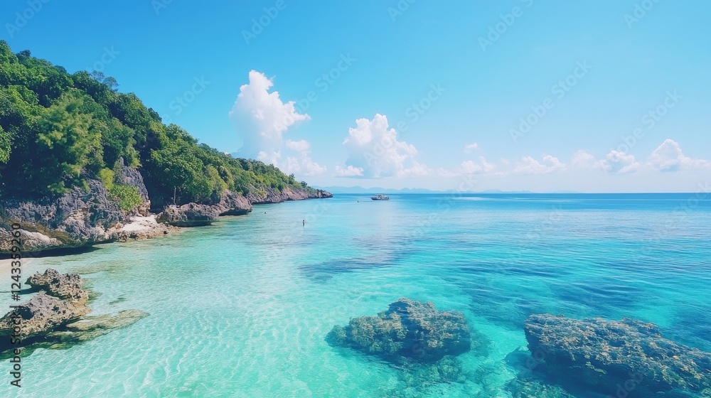Landscape beautiful summer season panorama horizon look view tropical shore open sea cloud clean blue sky background calm nature ocean wave water nobody travel at Koh Muk Trang Thailand sun day time Landscape beautiful summer season panorama horizon look view tropical shore open sea cloud clean blue sky background calm nature ocean wave water nobody travel at Koh Muk Trang Thailand sun day time