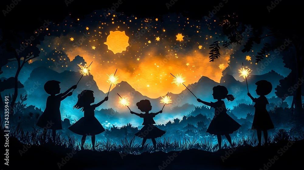 Group of kids playing with sparklers at night, magical holiday moment, bright and engaging vector paper cut illustration Group of kids playing with sparklers at night, magical holiday moment, bright and engaging vector paper cut illustration