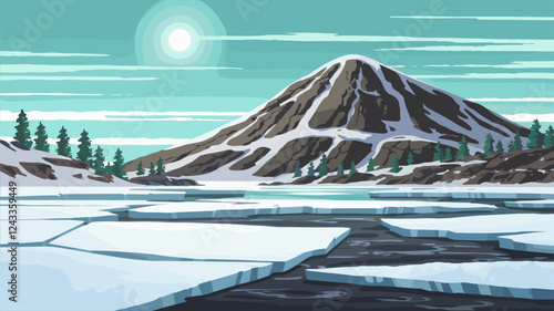 Snowy Mountain Landscape with Ice and Water