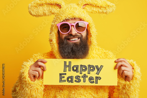 Funny man in a yellow Easter bunny costume and pink sunglasses on a light yellow background holding a 