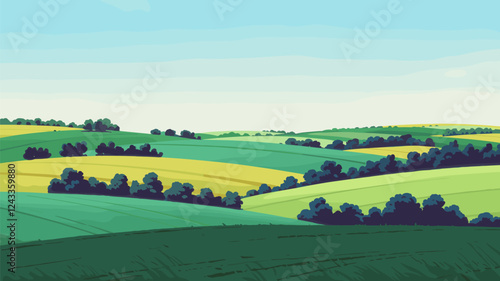 Flat Rural Landscape with Green and Yellow Fields