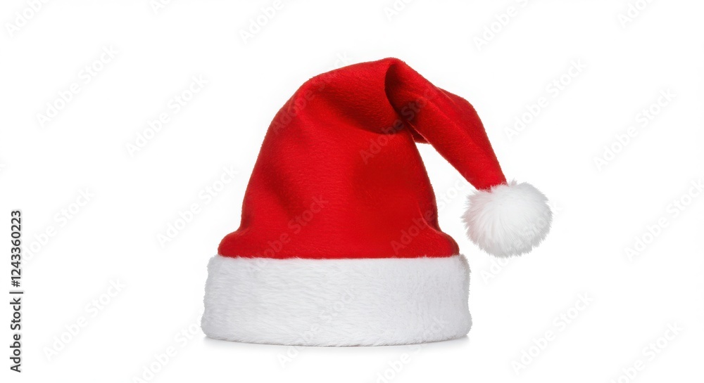 Santa hat, bright red fabric, white fur trim, festive headwear, Christmas accessory, iconic holiday symbol, plush texture, conical shape, soft appearance, classic design, seasonal attire Santa hat, bright red fabric, white fur trim, festive headwear, Christmas accessory, iconic holiday symbol, plush texture, conical shape, soft appearance, classic design, seasonal attire