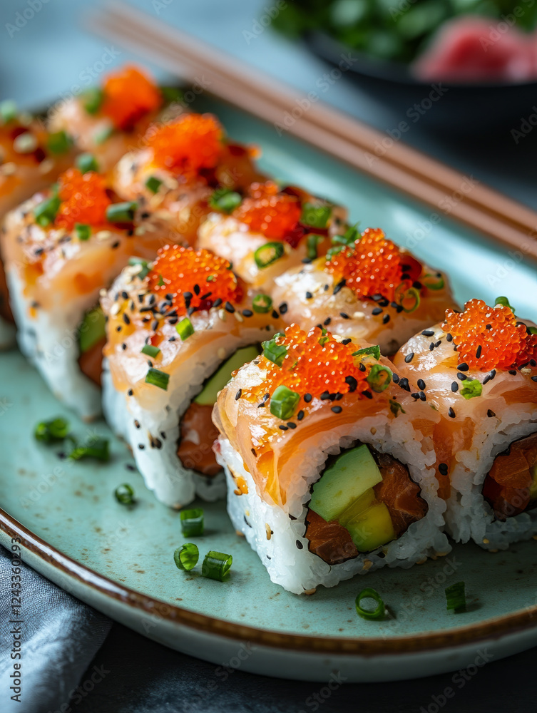 Sushi rolls with salmon and avocado on a ceramic plate. Sushi rolls with salmon and avocado on a ceramic plate.