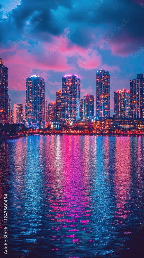 Obraz premium Vibrant city skyline at dusk reflecting colorful lights on a serene waterfront