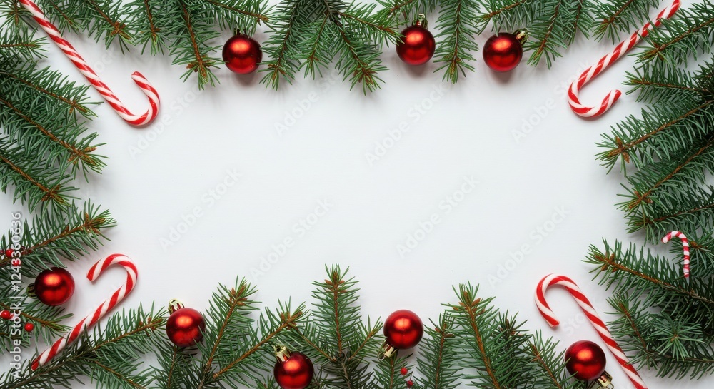 Christmas border, pine branches, candy canes, red ornaments, white background, festive frame, minimalist holiday decor, top-down view, flat lay Christmas border, pine branches, candy canes, red ornaments, white background, festive frame, minimalist holiday decor, top-down view, flat lay