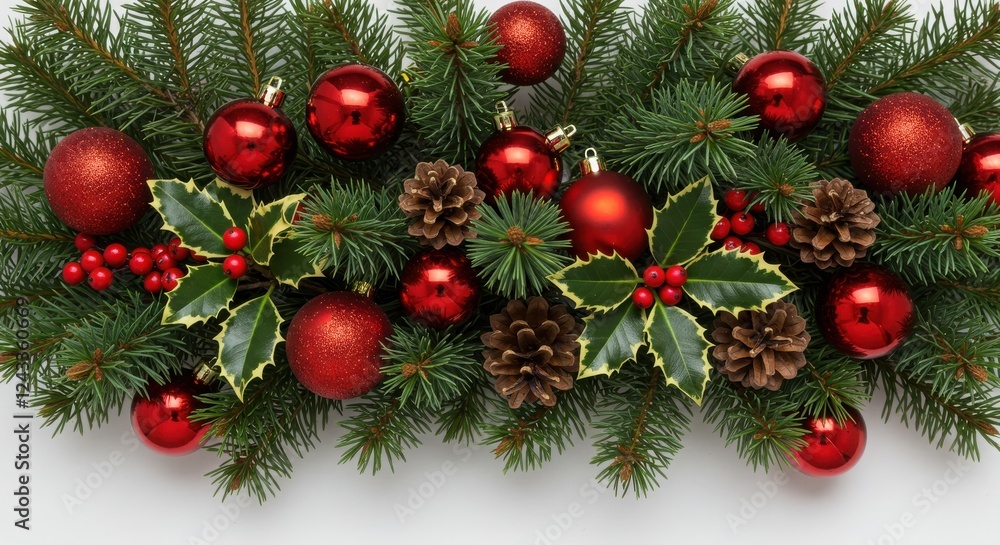 Christmas decoration, pine branches, red baubles, pinecones, holly berries, festive arrangement, white background, holiday garland, vibrant red, natural green Christmas decoration, pine branches, red baubles, pinecones, holly berries, festive arrangement, white background, holiday garland, vibrant red, natural green