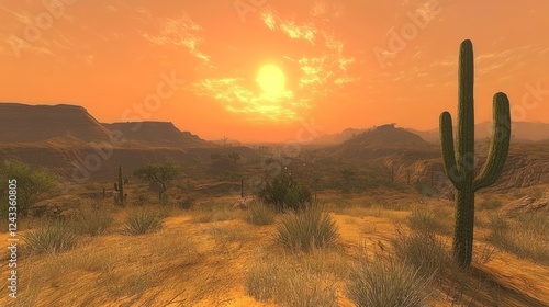 Wallpaper Mural Desert sunset landscape, cacti, mountains, arid scene, game background Torontodigital.ca