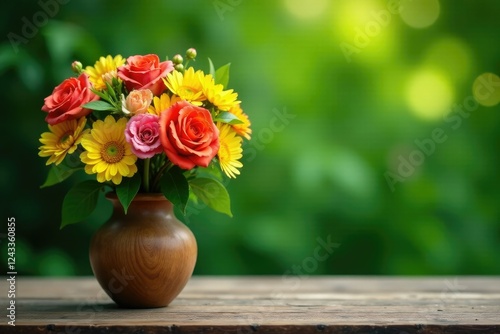 Wallpaper Mural Colorful bouquet in a wooden vase on a rustic wooden table with a natural green background, leaves, vase, nature Torontodigital.ca