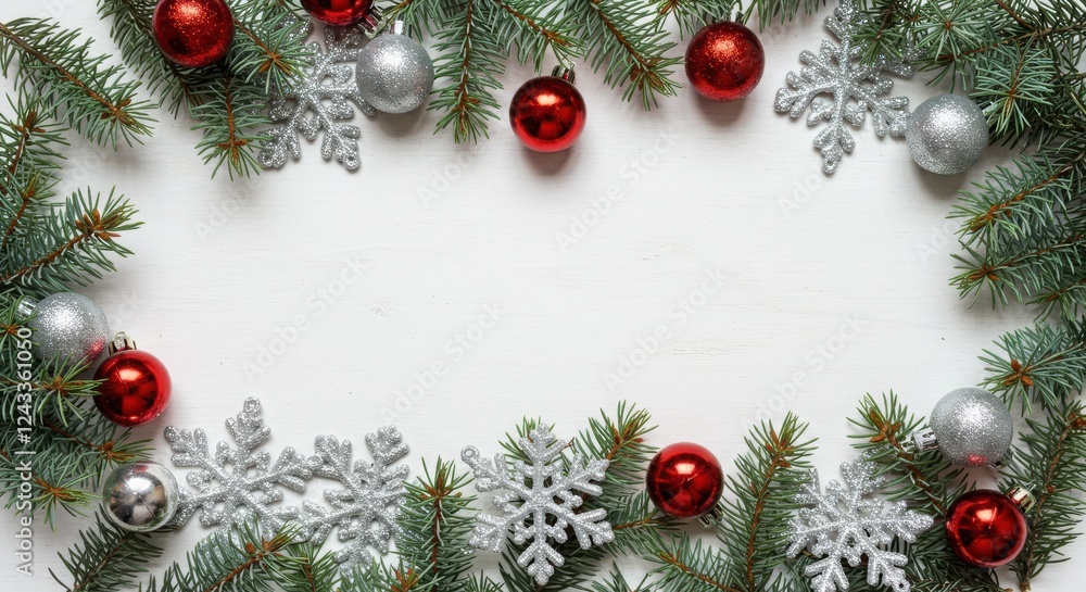 Christmas decorations, evergreen branches, silver and red ornaments, white background, snowflake ornaments, festive border, holiday Christmas decorations, evergreen branches, silver and red ornaments, white background, snowflake ornaments, festive border, holiday