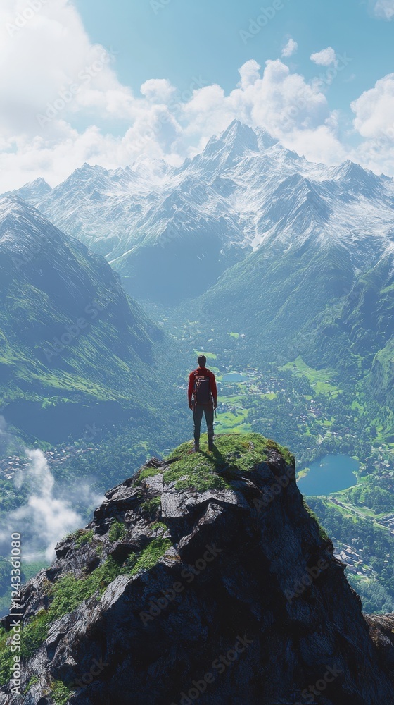 Hiker standing on a rocky summit overlooking a breathtaking alpine valley with snow-capped mountains Hiker standing on a rocky summit overlooking a breathtaking alpine valley with snow-capped mountains