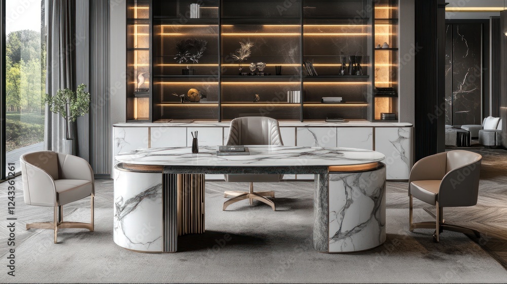 Modern marble office desk, luxury interior, workspace