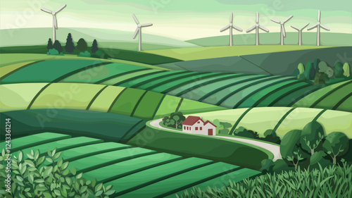 Layered Paper Rural Landscape with House and Wind Turbines