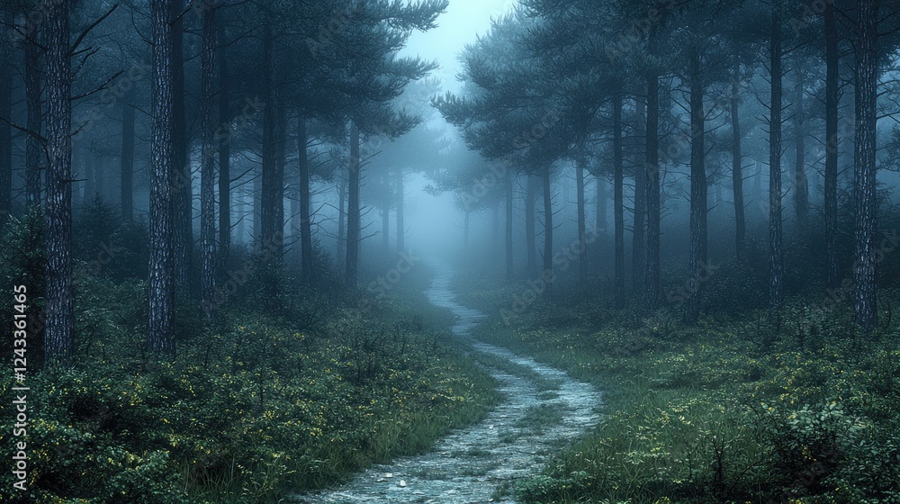Fototapeta premium Misty Forest Path Winding Through Tall Pine Trees