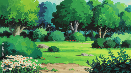 Forest Clearing with Trees Bushes and Flowers