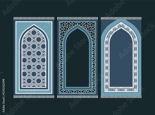 Blue Islamic prayer carpet vector design. Prayer mat pattern tiles. Rug design set