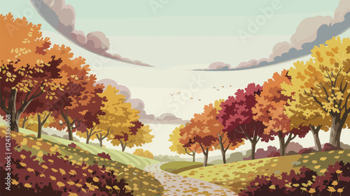 Autumn Landscape with Winding Path and Colorful Trees