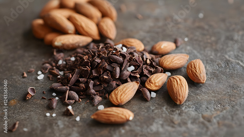 Almonds mixed with cacao nibs and sprinkled with a pinch of sea salt, placed on a stone countertop.