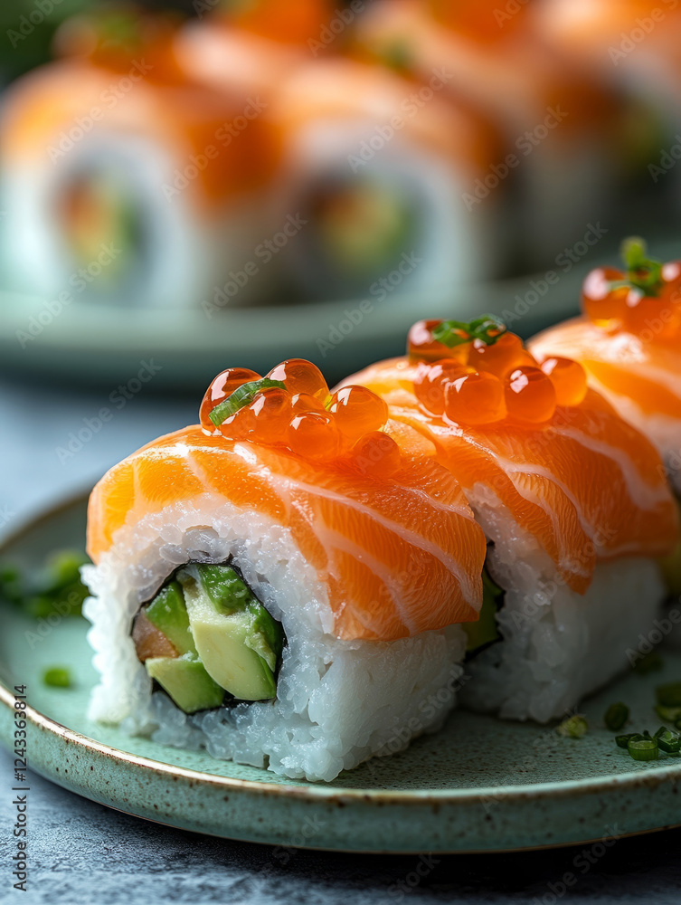 Close-up of salmon sushi rolls with avocado and roe. Close-up of salmon sushi rolls with avocado and roe.