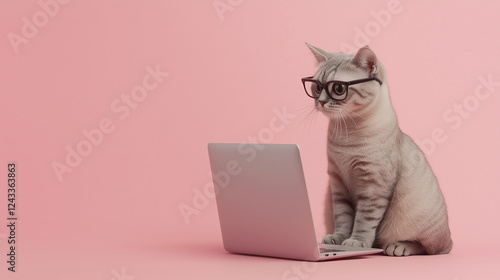 ピンクの背景でメガネをかけてパソコンに向かうかわいい猫のイラスト
