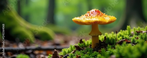 Single chanterelle mushroom growing in the underbrush, forest, mushroom