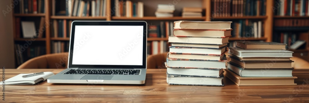 Stacks of books with laptop on wooden table in a cozy study setting, studious atmosphere, table, laptop Stacks of books with laptop on wooden table in a cozy study setting, studious atmosphere, table, laptop