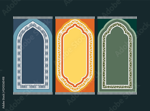 Islamic prayer carpet vector design. Prayer mat pattern tiles. Rug design