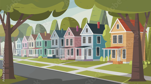 Suburban Street with Houses and Trees