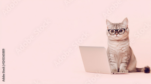 ピンクの背景でメガネをかけてパソコンに向かうかわいい猫のイラスト