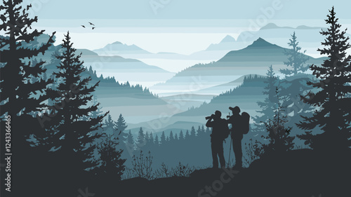 Hikers Observing Mountain Landscape Silhouette