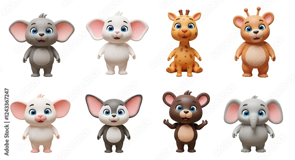 Fototapeta premium Set of cute 3D cartoon animals 